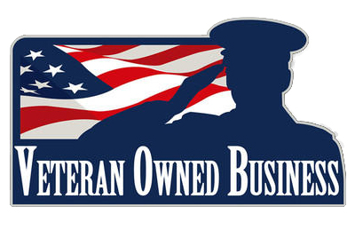 An illustration of an armed forces member saluting in front of an American flag. Caption reads: Veteran Owned Business.