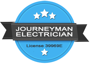 A blue seal reading: Journeyman electrician, license 39969E.